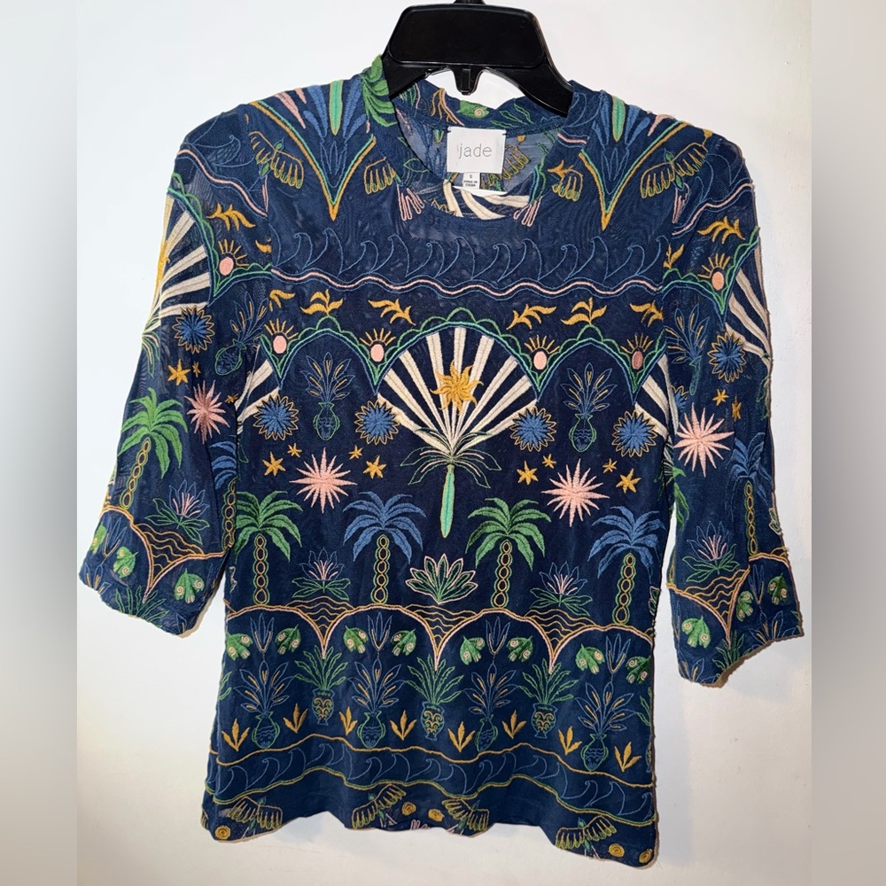 New Johnny Was Jade Kai Mesh Colorful Embroidered T-Shirt Size Small